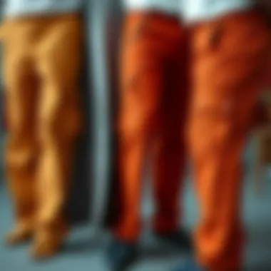 Different fabrics used in orange cargo pants displayed for comparison