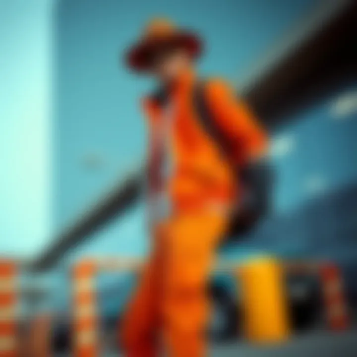 A fashionable outfit featuring orange cargo pants with contrasting accessories