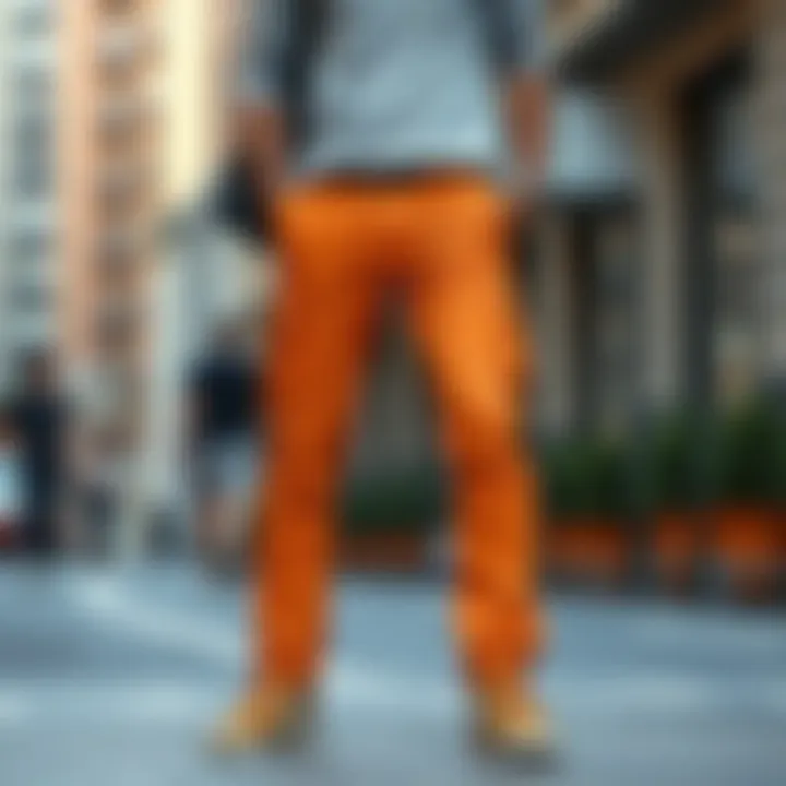 Stylish orange cargo pants paired with a casual shirt in an urban setting