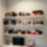 Sleek wall-mounted shelves showcasing an array of cosmetics in an organized manner.