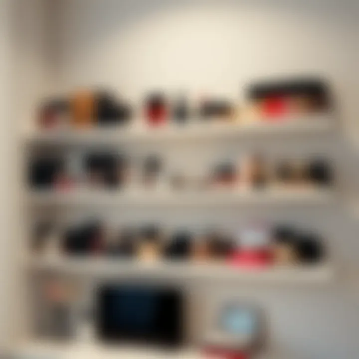 Sleek wall-mounted shelves showcasing an array of cosmetics in an organized manner.