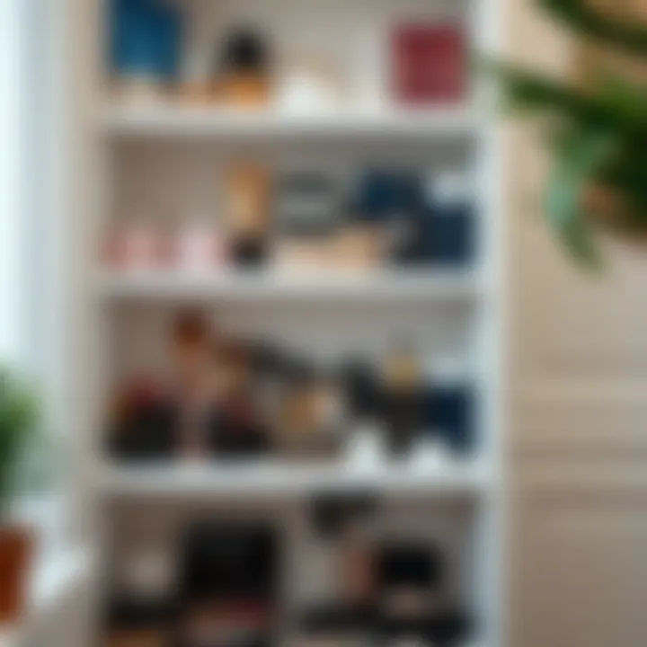 Close-up view of a beautifully designed shelving unit filled with makeup essentials.