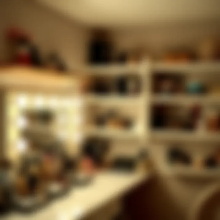 A well-lit vanity with various makeup products arranged on unique shelving units.