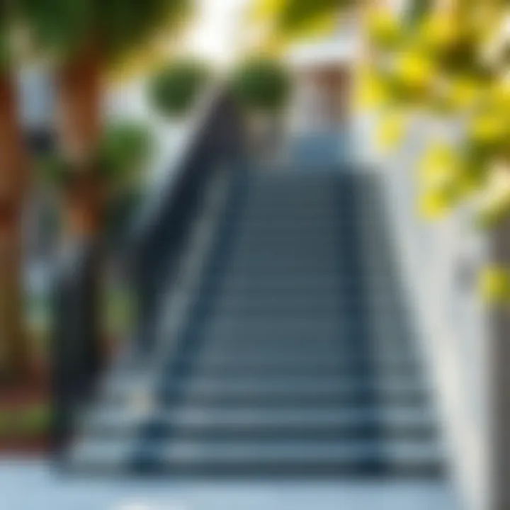 A beautifully designed outdoor staircase featuring non-slip strips harmonizing with the surrounding environment.