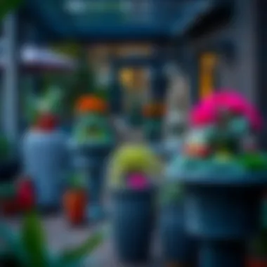 Outdoor Patio with Vibrant Plastic Wicker Plant Stands An outdoor patio featuring various plastic wicker plant stands adorned with vibrant plants