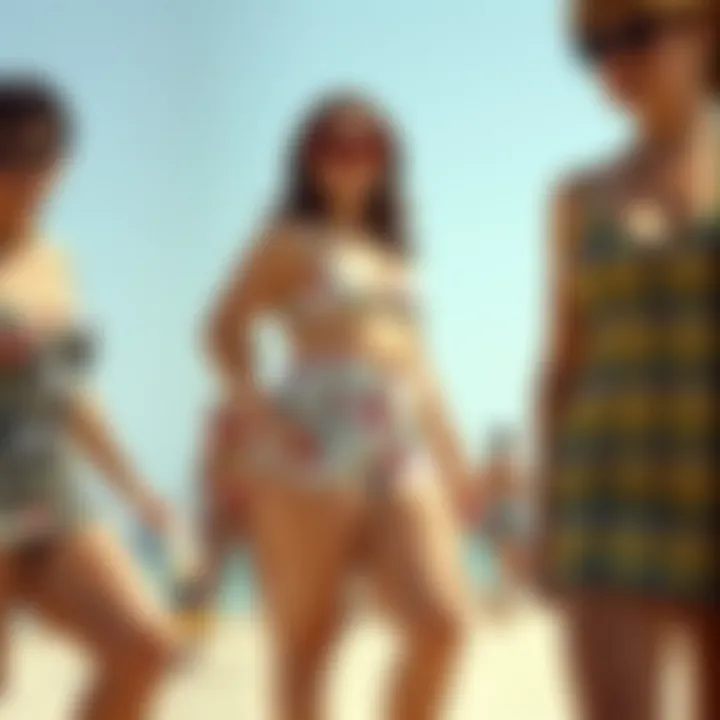 A collection of plus size swimwear styles from the 1960s showcasing bold patterns