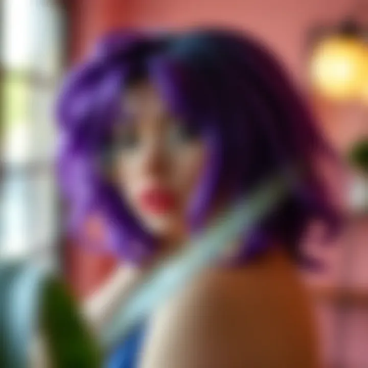 Person showcasing a stylish purple synthetic wig in a creative setting