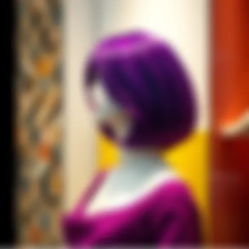 Vibrant purple synthetic wig styled elegantly on a mannequin