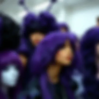 Diverse styles of purple synthetic wigs displayed together