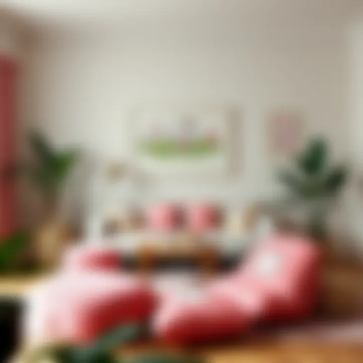 Living room adorned with Sanrio character cushions and themed wall art
