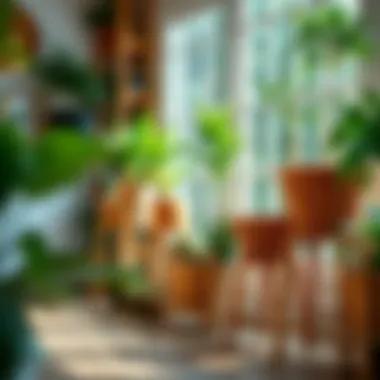 Serene Indoor Garden with Multiple Plastic Wicker Stands A serene indoor garden showcasing multiple plastic wicker plant stands