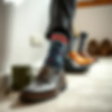 Stylish arrangement of socks paired with shoes in a fashionable setting