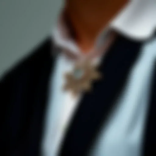 Elegant brooch pin adorned on a tailored suit lapel