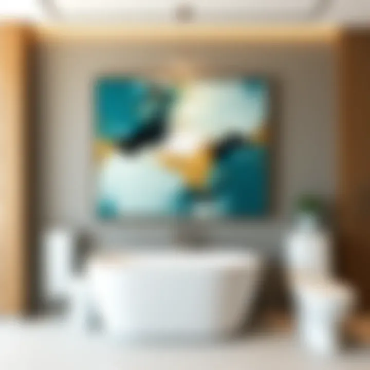 Elegant teal abstract painting enhancing bathroom decor