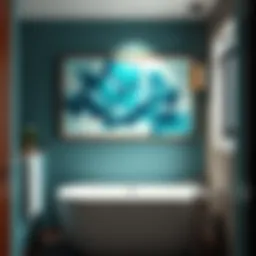 Colorful teal wall art in a modern bathroom setting