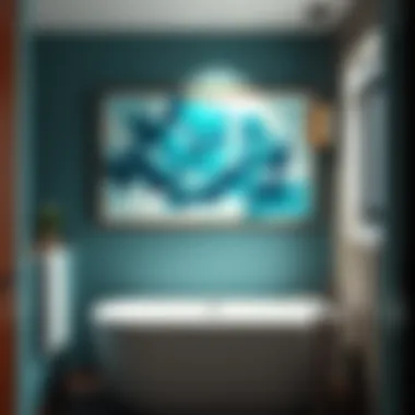 Colorful teal wall art in a modern bathroom setting
