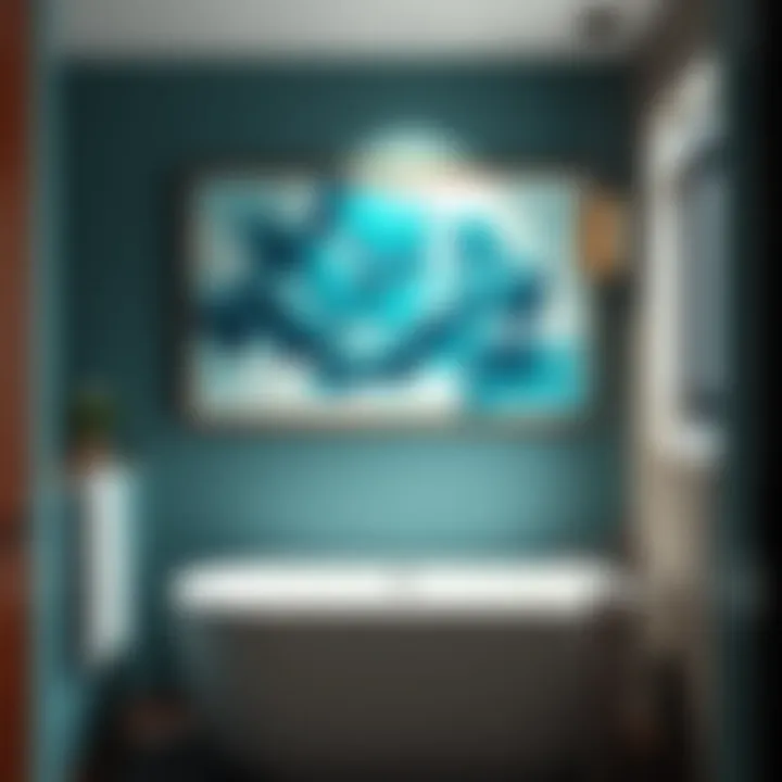 Colorful teal wall art in a modern bathroom setting
