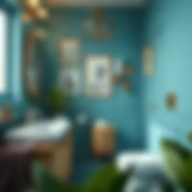Tranquil teal themed bathroom with art pieces