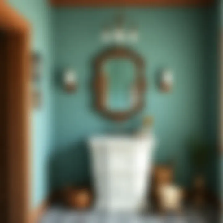 Vintage teal wall art complementing rustic bathroom design