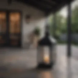 Elegant black farmhouse lantern illuminating a rustic patio