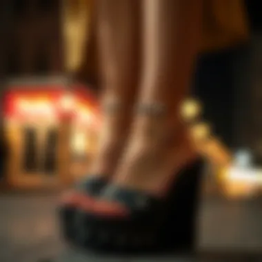 A chic outfit complemented by black wedges adorned with rhinestones