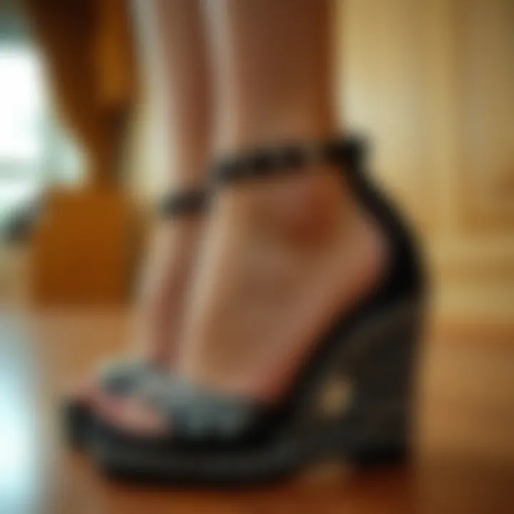 Diverse styling options showcasing black wedges with rhinestones