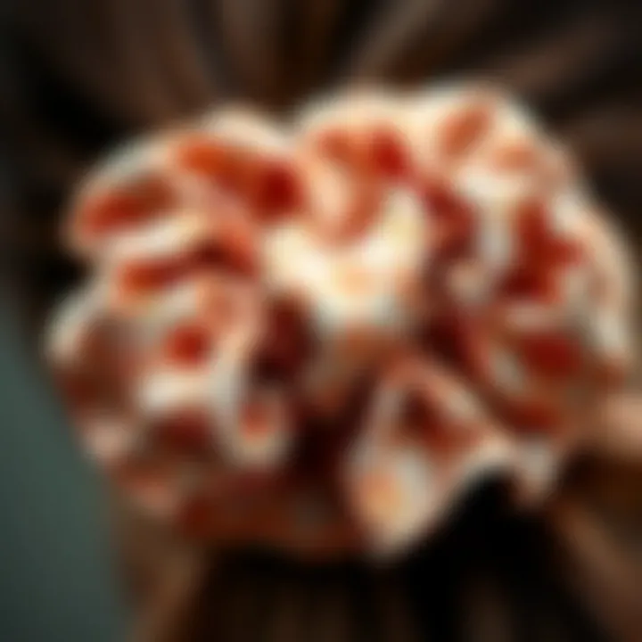 A close-up of a scrunchie adorned with intricate patterns