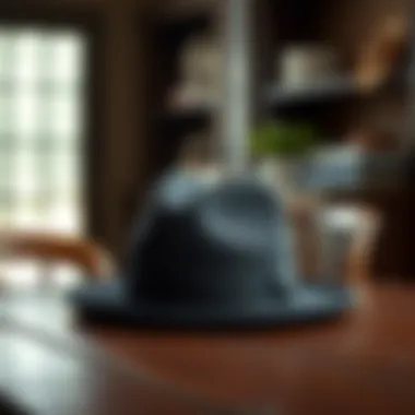 Elegant black and gold fedora hat displayed on a vintage wooden table