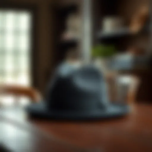 Elegant black and gold fedora hat displayed on a vintage wooden table