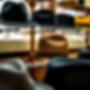 A collection of black and gold fedoras on display highlighting various fabric choices