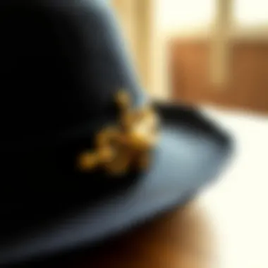 Close-up of the intricate detailing on a black and gold fedora