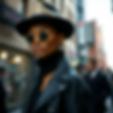 Fashionable individual sporting a black and gold fedora in a contemporary urban setting