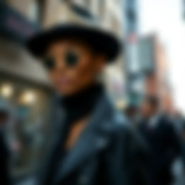 Fashionable individual sporting a black and gold fedora in a contemporary urban setting