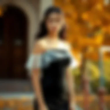 Model showcasing the off the shoulder mesh dress in a seasonal setting