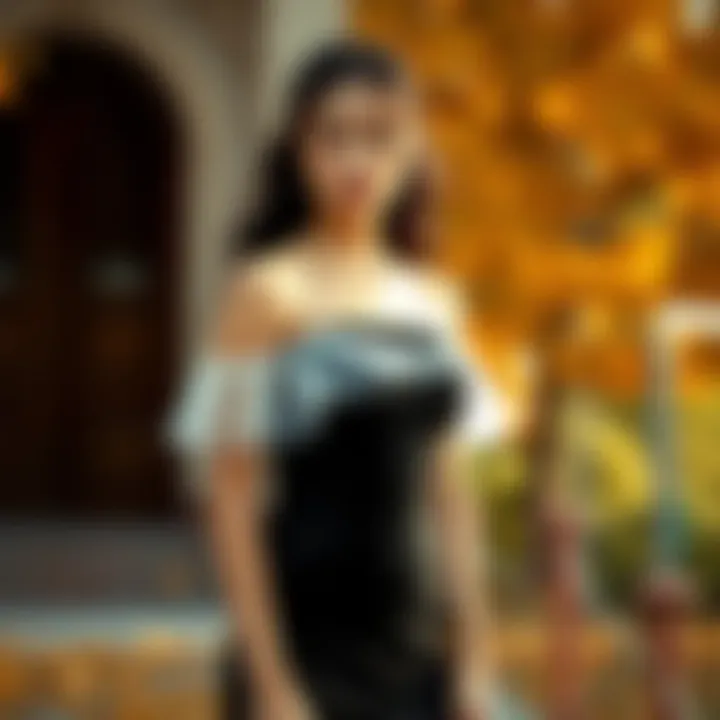 Model showcasing the off the shoulder mesh dress in a seasonal setting