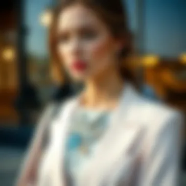 A model elegantly wearing the Swarovski feather necklace in a fashion-forward outfit