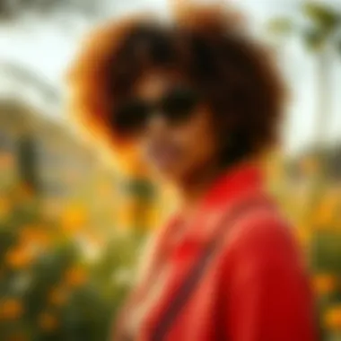 A fashion-forward individual wearing an apricot cardigan in a vibrant outdoor setting