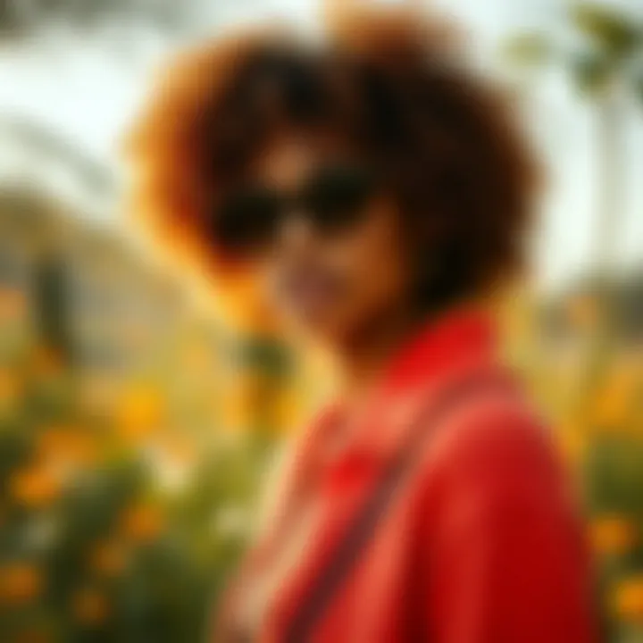 A fashion-forward individual wearing an apricot cardigan in a vibrant outdoor setting