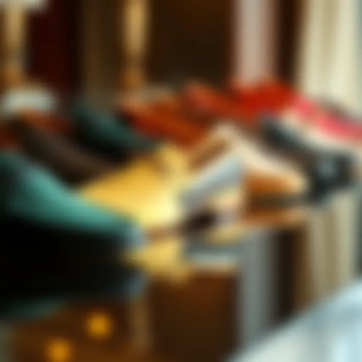 Elegant Display of Color Block Loafers An elegant display of various color block loafers on a reflective surface