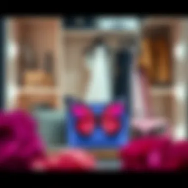 A stylish wardrobe displaying a selection of butterfly makeup bags from renowned brands.