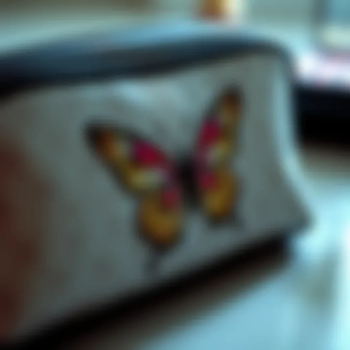Close-up of a butterfly motif symbolizing transformation and elegance on a makeup bag.