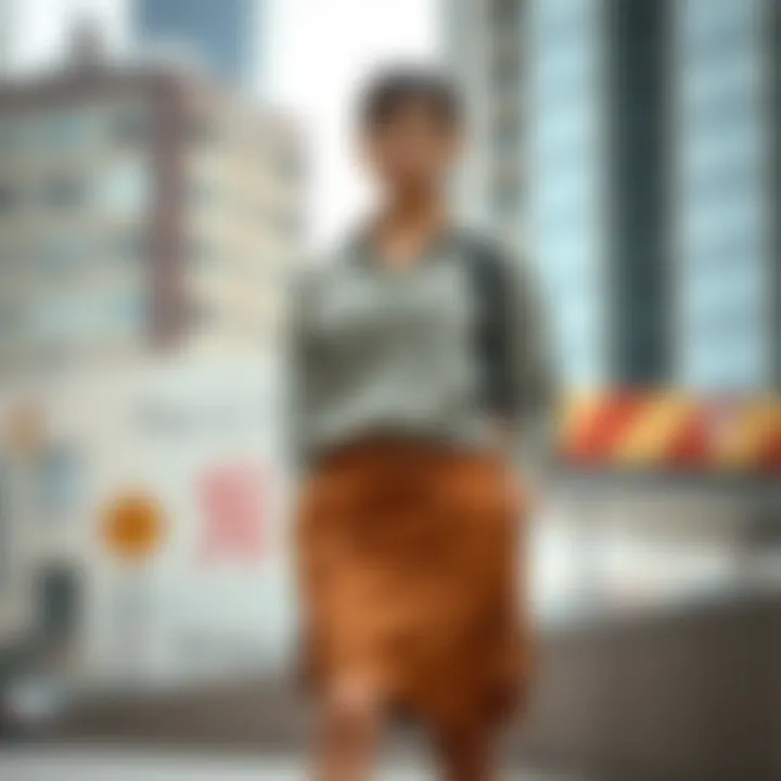 A fashion-forward individual showcasing multiple styling options for a belted cargo skirt