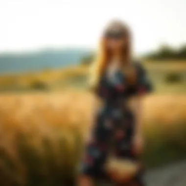 Effortless Style in Nature Stylish outdoor scene featuring a casual floral dress with accessories