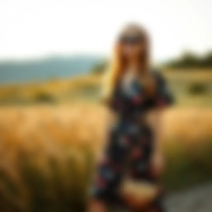 Effortless Style in Nature Stylish outdoor scene featuring a casual floral dress with accessories