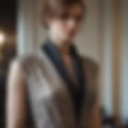 Elegant shawl collar formal dress displayed on a mannequin.