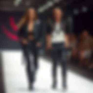 A fashion runway featuring models wearing innovative stud pants designs.