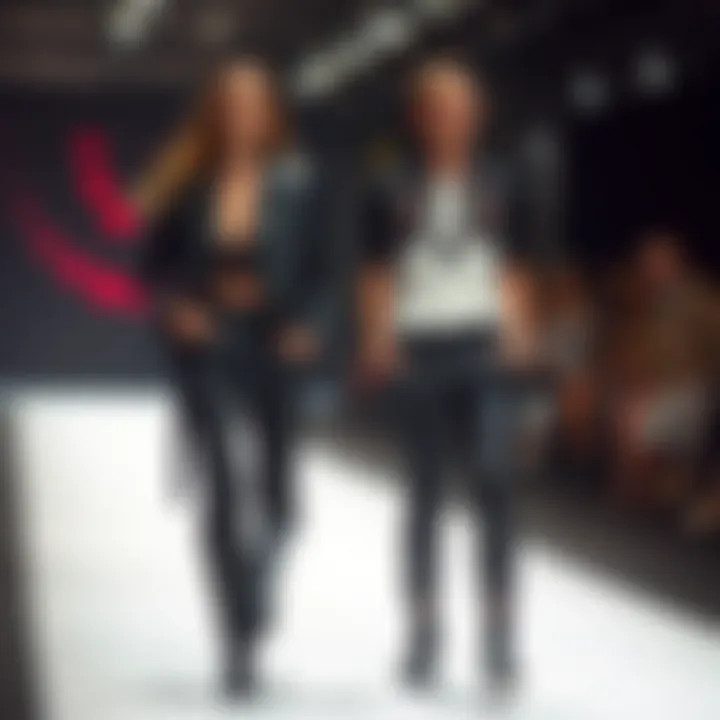 A fashion runway featuring models wearing innovative stud pants designs.