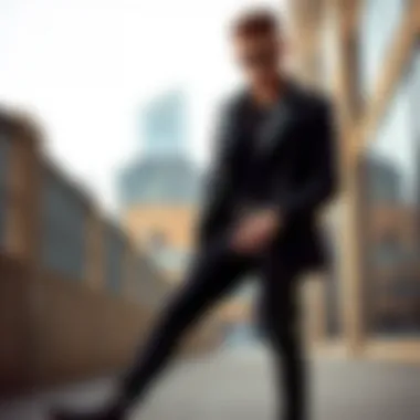 A stylish individual showcasing stud pants in a modern urban setting.