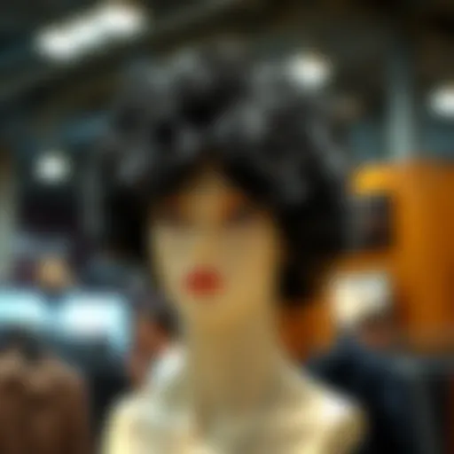 A stylish perm wig displayed on a mannequin, showcasing its rich texture and volume
