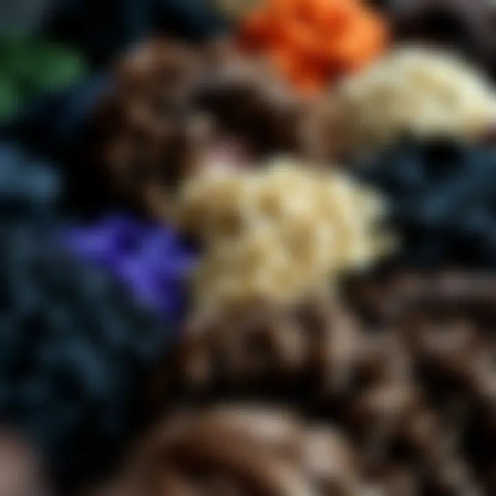 Close-up of various perm wig styles arranged neatly, highlighting different colors and curls